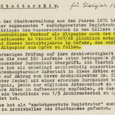 Bericht Herbert Krügers von 1951 über Aktenverluste der "zurückgesetzten Registratur" nach dem Zweiten Weltkrieg